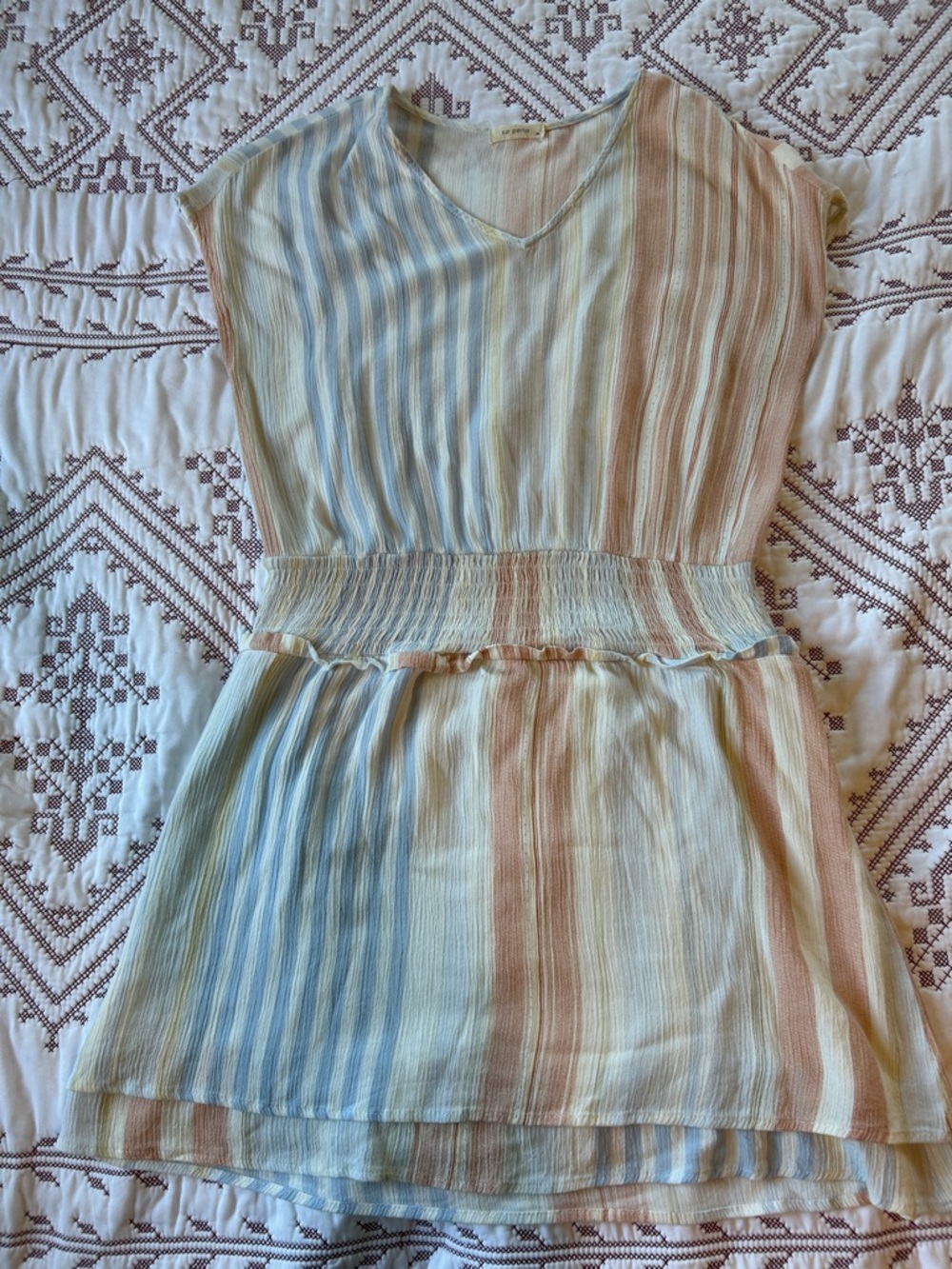 Striped V-Neck Smocked Waist Summer Dress - Pastel Blue & Peach
